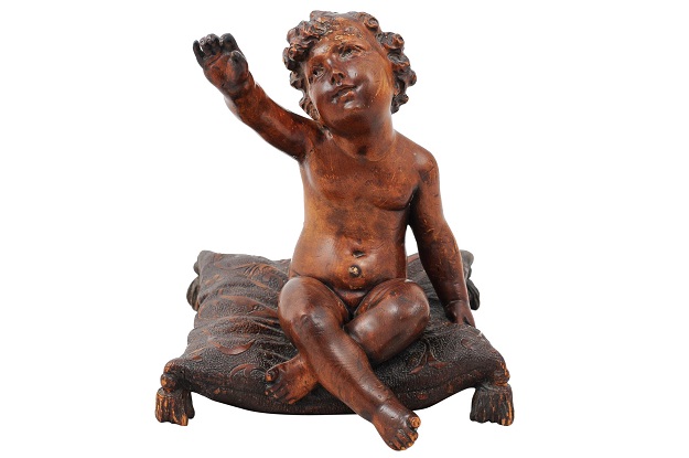 French 1780s Baroque Style Walnut Sculpture of a Putto Sitting on a Pillow
