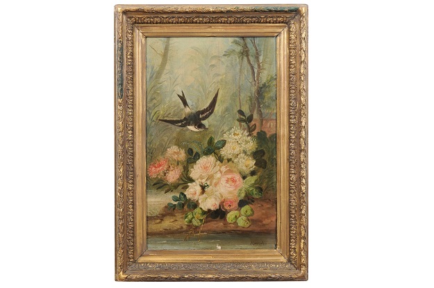 French Napoléon III 1850s Oil on Canvas Framed Painting with Bird and Roses