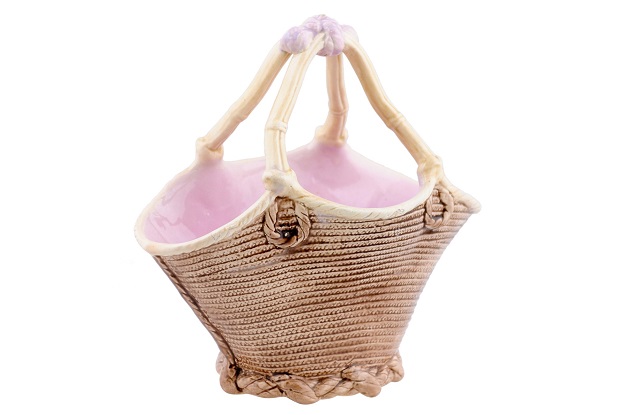 SOLD - French 19th Century Majolica Porcelain Wicker Style Basket with Pink Glaze