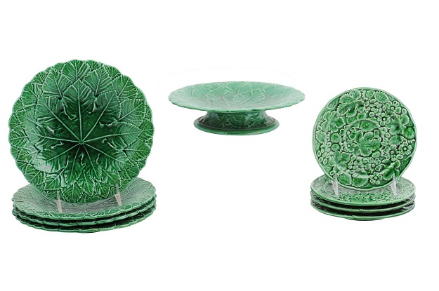 Set of Nine Green Glazed Porcelain Pieces with Eight Plates and Single Compote 4 AVAIL
