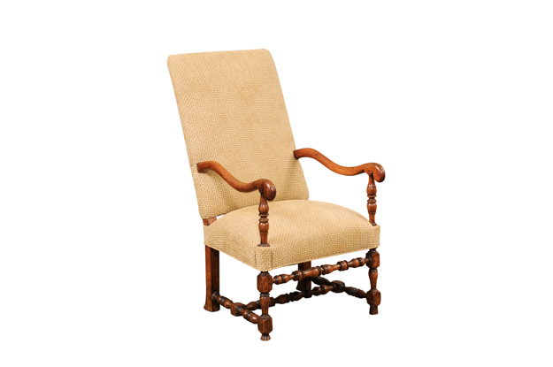 Louis XIII Style Walnut French Fauteuil with Scrolling Arms and Turned Base