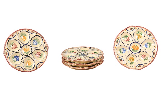 Nine French Quimper 19th Century HB Manufacture Oyster Plates with Floral Motifs