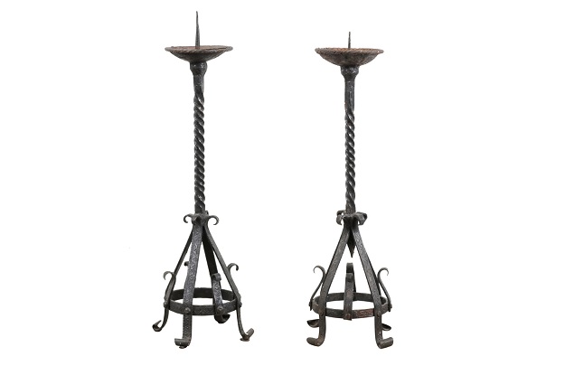Pair of English 19th Century Iron Candlesticks with Twisted and Scrolled Motifs