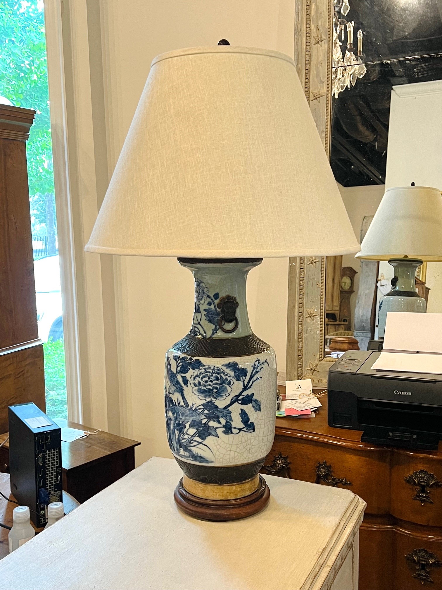 SOLD English Porcelain Blue & White Lamp With Shade