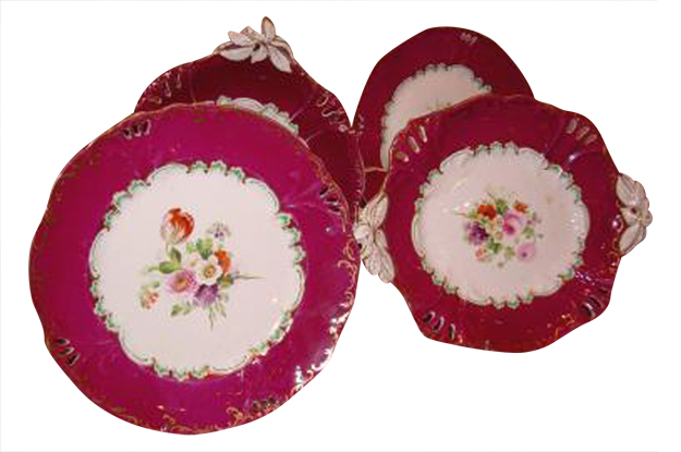English 1850s Copeland Red Border Plates and Compotes with Bouquets of Flowers