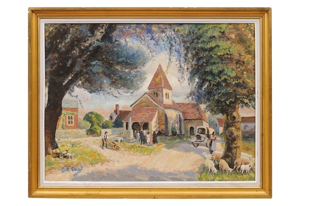 French Impressionist Style 1950s Oil on Canvas Painting Depicting a Small Church - LiL
