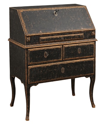 ON HOLD - Swedish Rococo Period Slant Front Desk Painted in Black with Distressed Finish