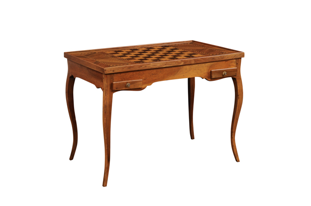 French Louis XV 1790s Walnut Tric Trac Marquetry Game Table with Reversible Top