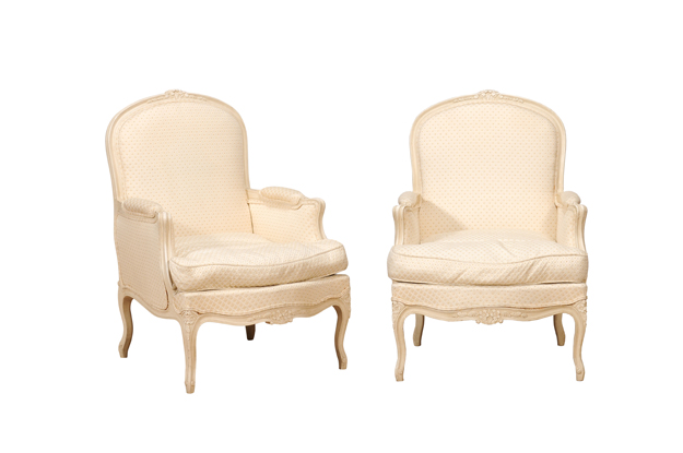 ON HOLD - Louis XV Style French Cream Painted Wood Carved Bergères Chairs, a Pair DLW
