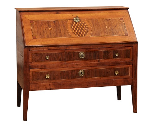 ON HOLD:  French 1790s Walnut and Cherry Slant Front Desk with Marquetry Geometric Decor