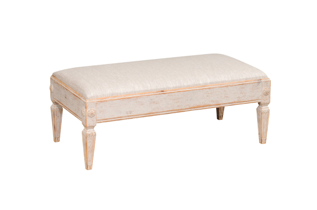 Gustavian Style 1900s Swedish Footstool with Carved Rosettes and Tapered Legs