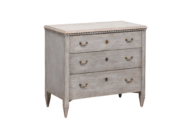 Gustavian Style Swedish 19th Century Three-Drawer Gray Painted and Carved Chest -- LiL