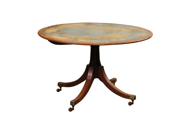 English Turn of the Century Mahogany Tilt Top Center Table with Leather Top