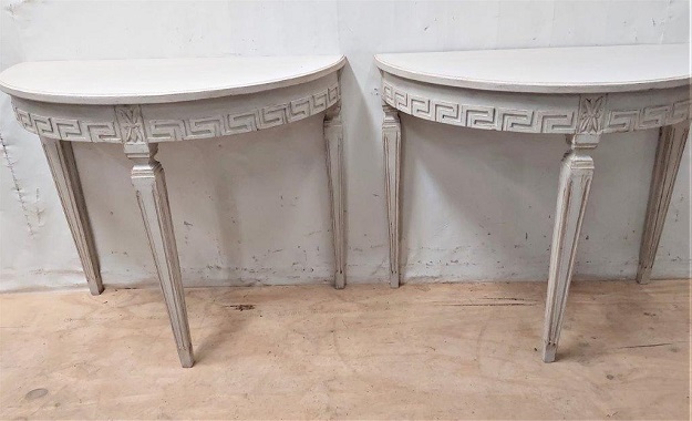ON HOLD:  Pair of 19th Century Swedish Demi Lune Consoles DLW