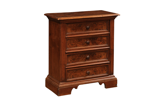 Italian 1840s Bedside Chest with Four Drawers, Burl Panels and Bracket Feet