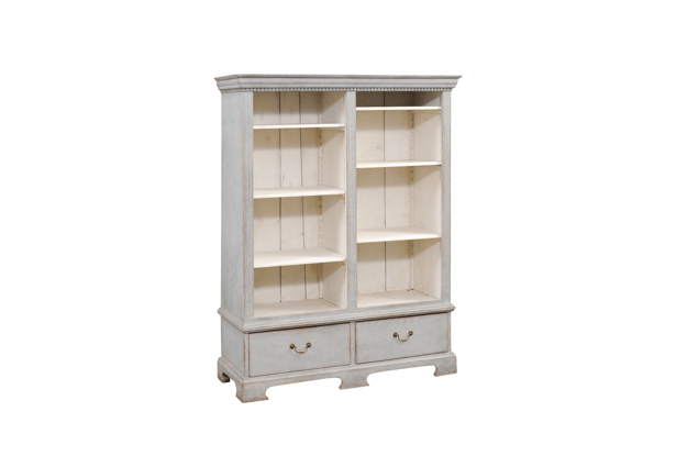 Swedish 1850s Gray Painted Bookcase with Open Shelves and Two Drawers