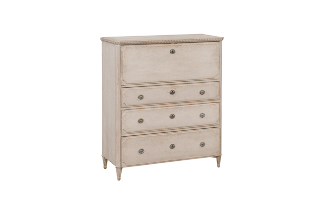 Gustavian Style 1840s Gray Painted Drop Front Secretary with Graduated Drawers