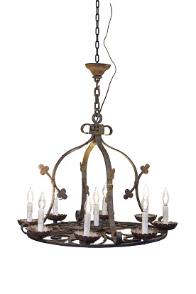 French 1940s Wrought Iron Nine-Light Chandelier with Clover Leaves, USA Wired