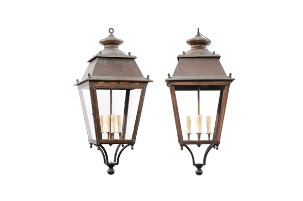 SOLD - French Four-Light Glass and Copper US Wired Lanterns with Patina, Sold Each