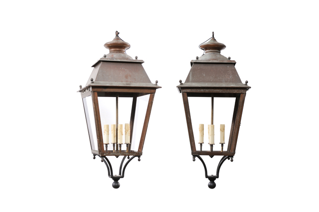 French Copper and Glass Tapering Four-Light Lanterns with Spheres, Sold Each