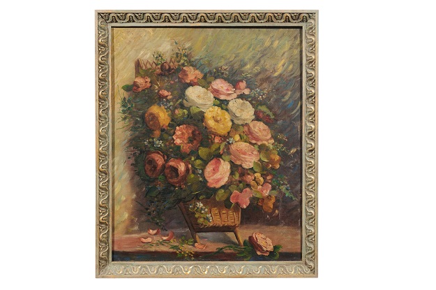 French 19th Century Oil on Canvas Still-Life Painting Depicting Roses in Basket