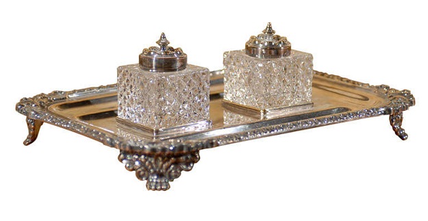 English Victorian Period 1890s Stamped Silver Inkstand with Crystal Inkwells