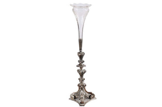 English Late Victorian Epergne with Silver Base and Crystal Vase, 19th Century