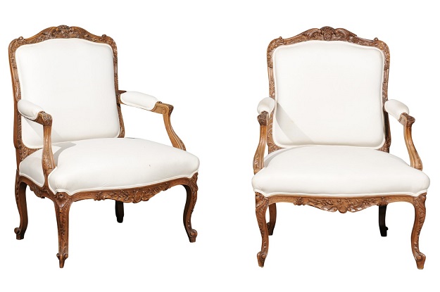Pair of Italian 19th Century Rococo Style Carved Walnut Upholstered Armchairs