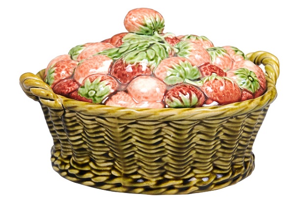 French 19th Century Strawberry and Wicker Basket Pottery Dish with Lid