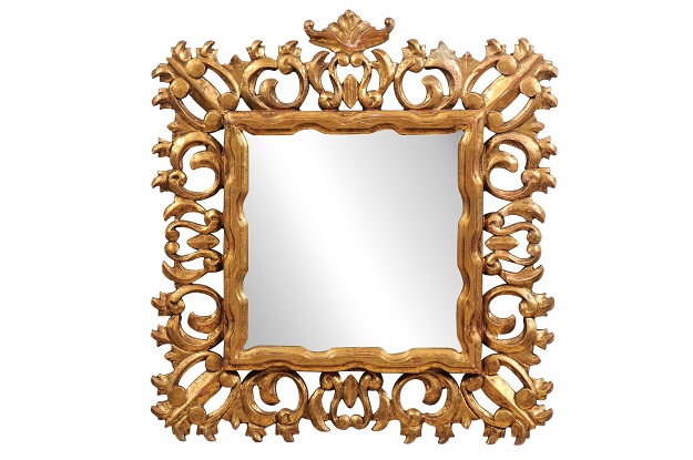 Florentine 20th Century Carved Giltwood Mirror with C-Scrolls and Foliage Motifs