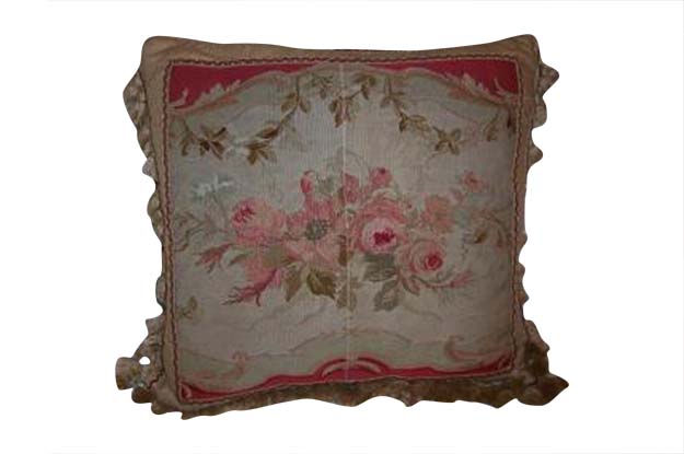 19th Century French Aubusson Tapestry Pillow made of Cashmere and Wool 