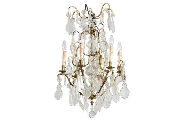 French 19th Century Six-Light Bronze and Crystal Chandelier with Scrolling Arms