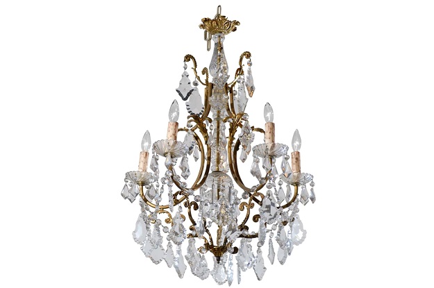 SOLD - French Rococo Style Late 19th Century, Six-Light Crystal and Bronze Chandelier