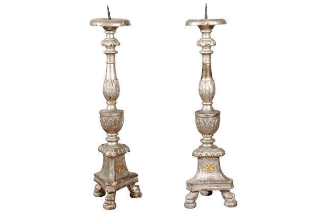 Pair of Italian 18th Century Silver Candlesticks with Gilt Star and Waterleaves