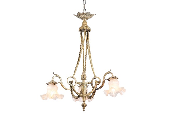 French Louis XVI Style 19th Century Bronze Three-Light Chandelier with Torch