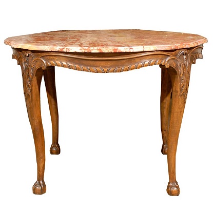 French 19th Century Carved Walnut Center Table with Original Variegated Marble