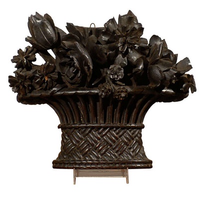 French Hand-Carved Basket of Flowers Sculpture with Dark Patina, 19th Century