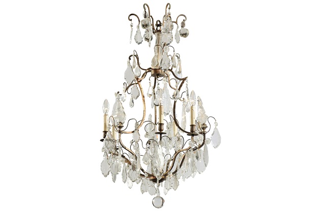 French Six-Light Crystal and Iron Chandelier with Obelisks, Late 19th Century