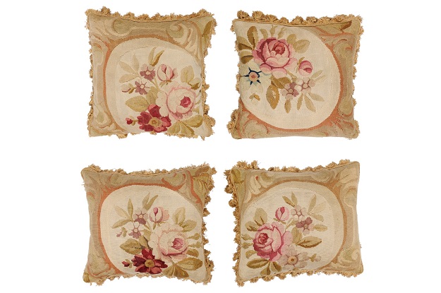 French 19th Century Aubusson Woven Tapestry Pillow with Roses and Tassels