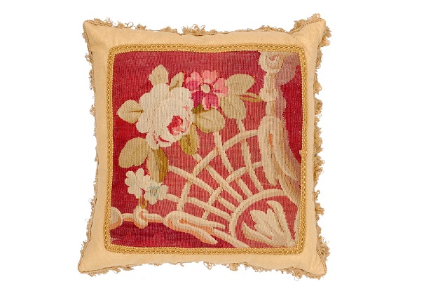 French 19th Century Aubusson Tapestry Pillow with Floral Decor and Tassels