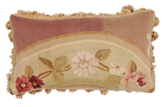 19th Century French Aubusson Tapestry Pillow with Flowers and Petite Tassels