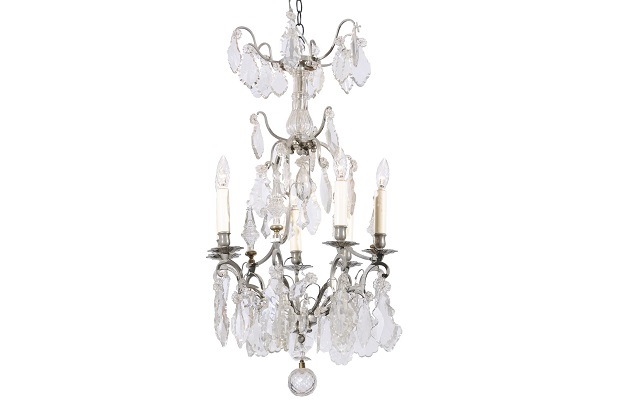 French 19th Century Six-Light Crystal Chandelier with Silvered Iron Armature