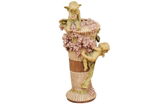 French 1860s Napoléon III Painted Terracotta Vase with Playful Cherubs and Roses