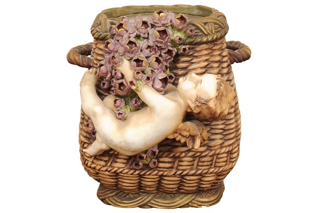 French Painted Terracotta Wicker Basket Vase with Cherub Swinging from Roses