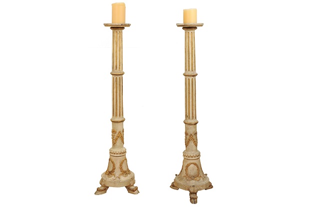Pair of Tall French Napoléon III 1860s Candlesticks with Carved Gilt Motifs