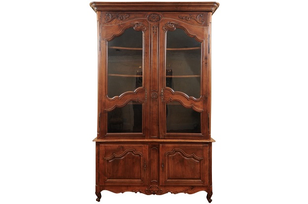 French 1790s Walnut Buffet à Deux-Corps with Glass Doors and Carved Motifs