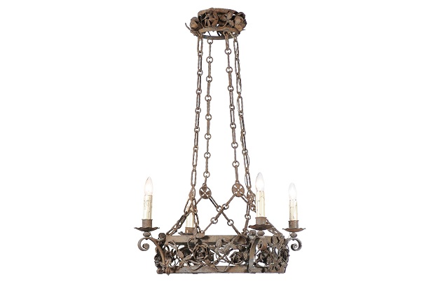 French 19th Century Four-Light Iron Ring Chandelier with Flowers and Vines