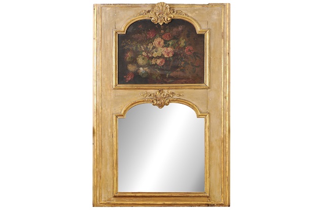 French 1790s Painted Trumeau Mirror with Original Oil on Canvas Floral Painting