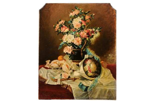 French 1790s Oil on Canvas Painting with Floral Bouquet, Fruits and Embroidery
