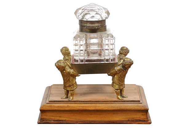 English 19th Century Victorian Period Crystal Inkwell Carried by Four Children